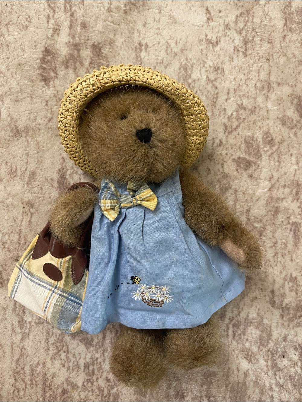 Boyd’s Bear Honey Bee Bearly in Blue Dress with Straw Hat and purse